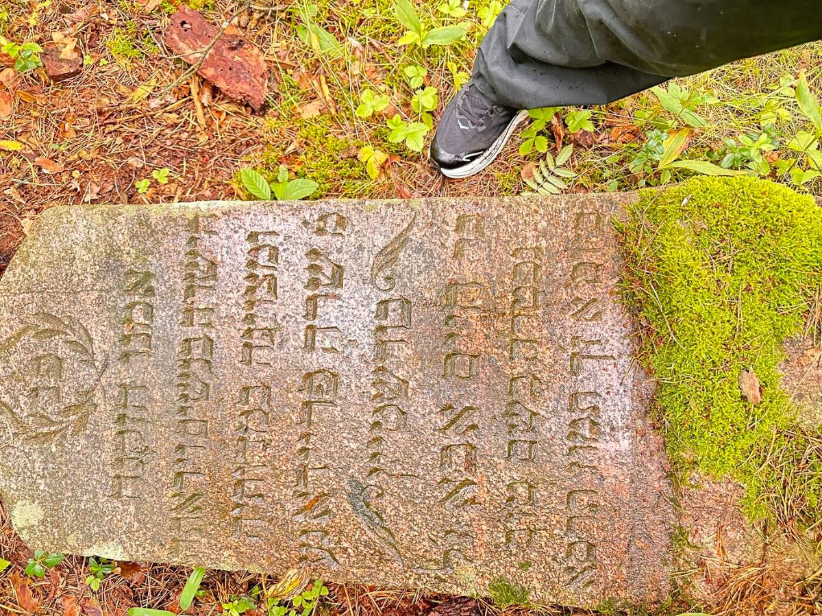 A fallen matzevah at ground level, moss growing over one edge